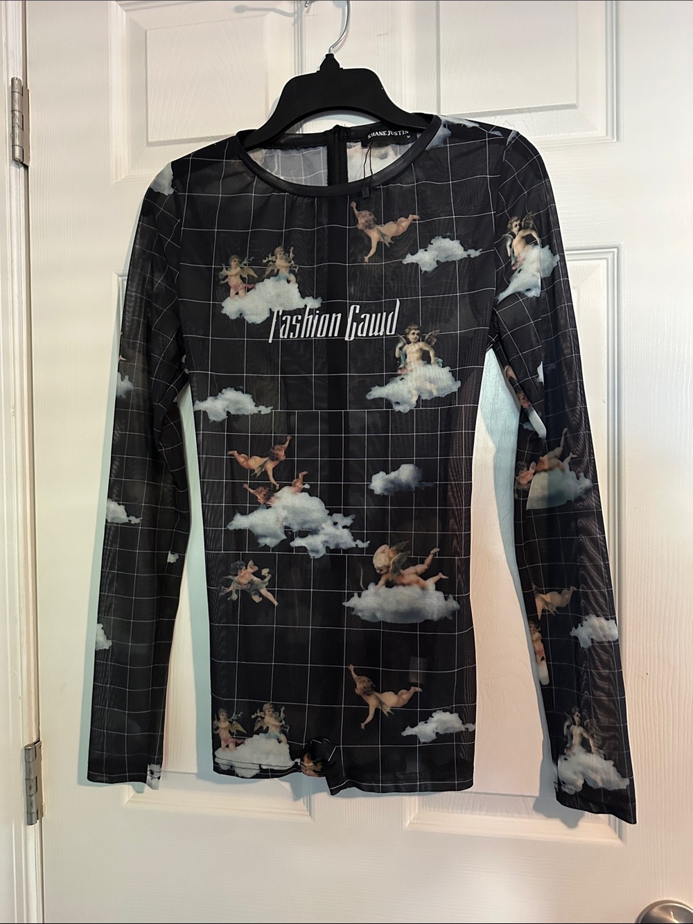 Black Mesh Long Sleeve Top with Cherub Cloud Print jumpsuit